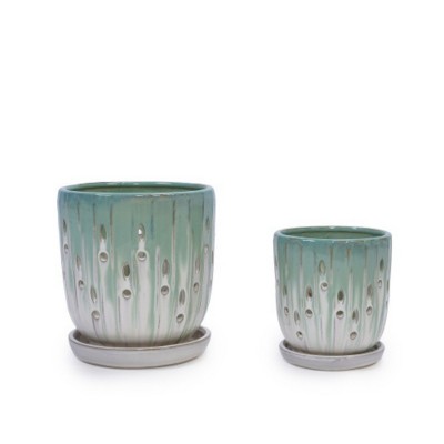 Syemin Planters Set of 2 Striped Ceramic Flowerpot, Indoor and Outdoor Modern Planter for Patio, Garden, Windowsill, Green, 7.48"*7.4"*8.07"