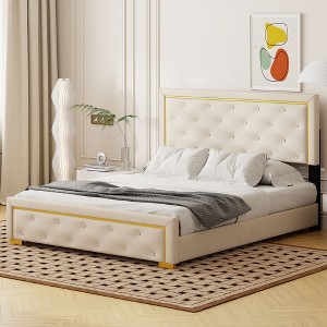 Queen Size Velvet Upholstered Platform Bed Frame With Tufted Headboard and Metal Wire Decor -ModernLuxe - 1 of 4