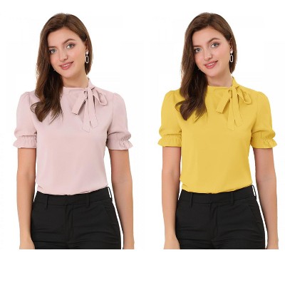 Allegra K Women's Elegant Bow Tie Neck Elastic Cuffs Office Short Sleeve Blouse 2 Pcs