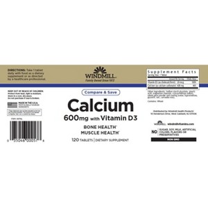 Windmill Calcium Carbonate 600 mg + Vitamin D Bone Strength & Calcium Support Formula for Daily Health, 120 Tablets - 1 of 4