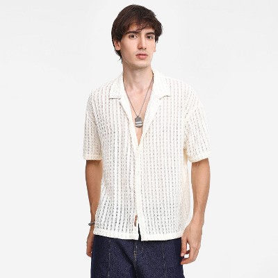 Campus Sutra Men Men's Cream White Striped Knit Oversized Shirt