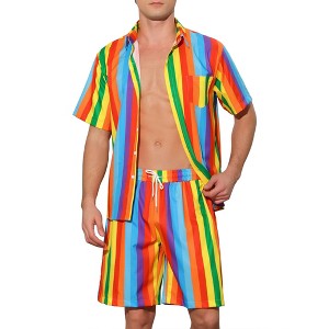 Lars Amadeus Men's Hawaiian Stripes Beach Shirt and Shorts Sets 2 Pieces - 1 of 4