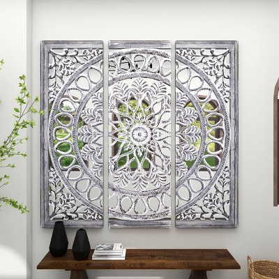 Set of 3 Wooden Floral Handmade Carved Mandala Wall Decors with Mirrored Back Frame Black Olivia May