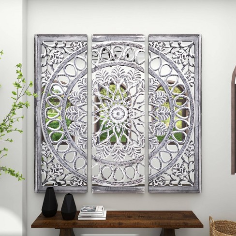 Set of 3 Wooden Floral Handmade Carved Mandala Wall Decors with Mirrored  Back Frame Black - Olivia & May