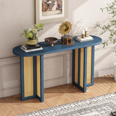 Farmhouse Rattan Console Table Entryway Table, Narrow Console Table with Storage, Hallway Table for Living Room, Entrance