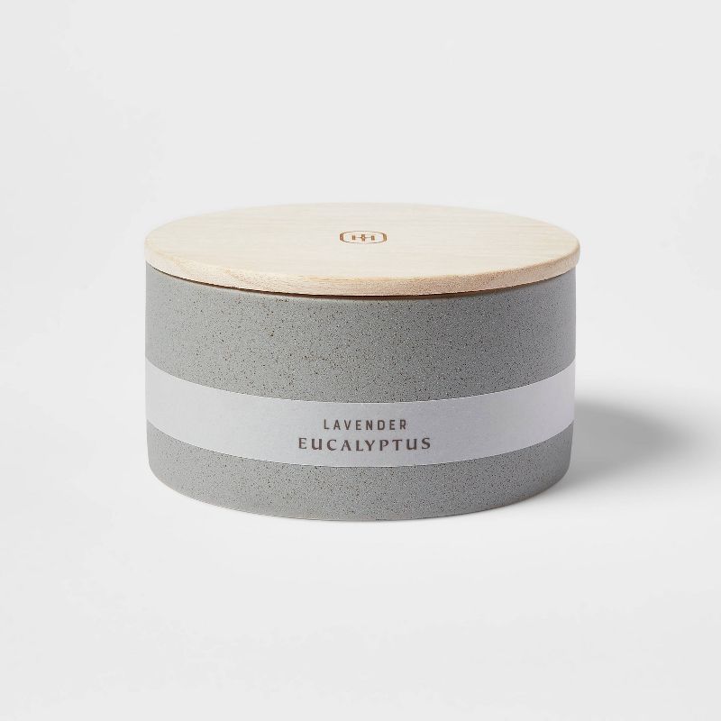 3 Wick 14oz Matte Textured Ceramic Wooden Wick Candle Gray/Lavender Eucalyptus - Threshold&#8482;, 1 of 5