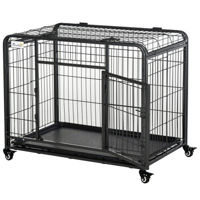 PawHut Heavy Duty Folding Design Metal Dog Crate Kennel with Removable Tray 4 Locking Wheels 37 L x 22.75 W x 27.25 H