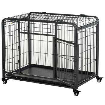 PawHut Folding Design Heavy Duty Metal Dog Cage Crate & Kennel with Removable Tray and Cover, & 4 Locking Wheels, Indoor/Outdoor