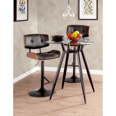 Adjustable Black Leather and Walnut Wood Swivel Barstool