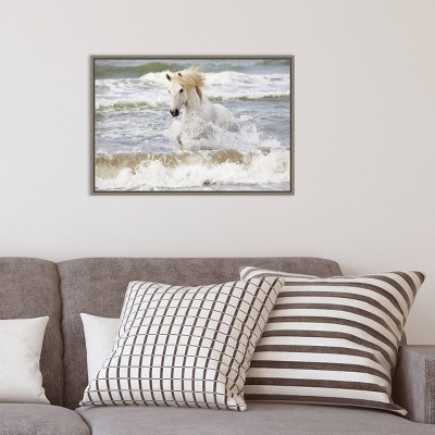 27" x 19" White Horse in Surf Canvas Print