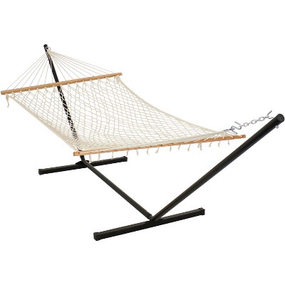 Sunnydaze Outdoor Cotton Rope Hammock with Unfinished Wood Spreader Bars and 12ft Black Steel Tri-Beam Stand