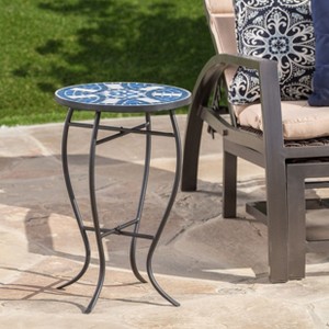 Okak Outdoor Side Table with Mosaic-Style Tabletop, Patio End Table with Curved Iron Legs, Outdoor Bar Table for Backyard, Balcony, White+Blue - 1 of 4