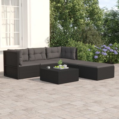 vidaXL 5 Piece Patio Lounge Set with Cushions Black Poly Rattan