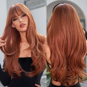 Long Wavy Ginger Wig with Bangs Red Brown Auburn Wigs for Women Heat Resistant Synthetic Fiber for Daily Party Use - 1 of 4