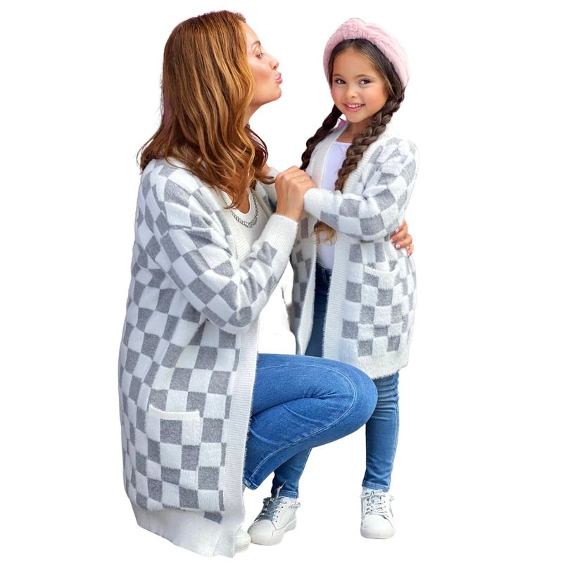Girls Mommy & Me Twin Styles Grey Checkered Open Cardigan - Mia Belle Girls, 1 of 7