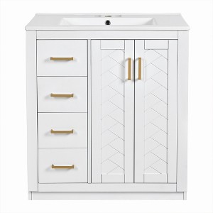 Tramull Bathroom Vanity with Ceramic Sink, Solid Wood Frame Storage Cabinet with 3 Drawers & Soft-Closing Doors - 1 of 4