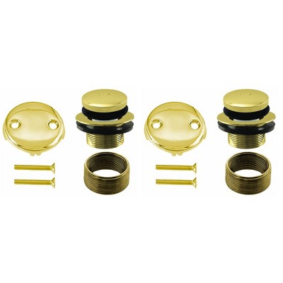 Westbrass 1.5 Inch Diameter Round Universal Tiptoe Drain Bathtub Trim Set with 2-Hole Overflow Faceplate, Polished Brass (2 Pack)