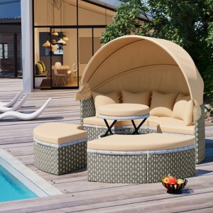 Patio Furniture Round Outdoor Sectional Sofa Set Rattan Daybed Two-Tone Weave Sunbed with Retractable Canopy, Separate Seating and Removable Cushion - 1 of 4