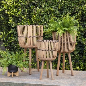 Plant Stand Set Of 3 (11” 13” 15")Indoor Bamboo Footed Shelf Corner Plants Flower Holders Outdoor Plant Holder Stands - 1 of 4