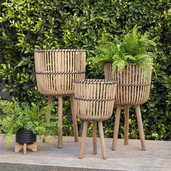Plant Stand Set Of 3 (11” 13” 15")Indoor Bamboo Footed Shelf Corner Plants Flower Holders Outdoor Plant Holder Stands