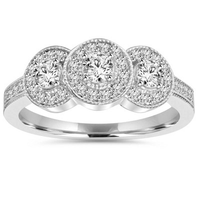 Pompeii3 3/4CT 3-Stone Vintage Diamond Halo Ring 14K White Gold