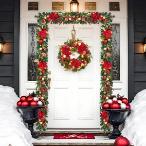 6ft Pre-Lit Christmas Garland with 20 LED Lights, Poinsettia, Pine Cones & Red/Gold Balls - Battery Operated for Indoor/Outdoor Decor - 1 of 4