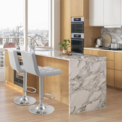 Silver Faux Leather Adjustable Swivel Barstools Set of 2