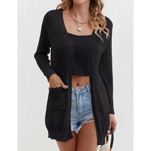 Womens Sweater Cardigan Open Front Mesh Sweater with Side Pocket Ribbed Cuff Sweater Knit Beach Cover Ups - 1 of 4