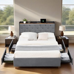 coucheta Velvet Bed Frame with Four Storage Drawers, USB Charging Station, Storage Headboard, Wooden Slat Support, Noise-Free, No Box Spring Needed - 1 of 4