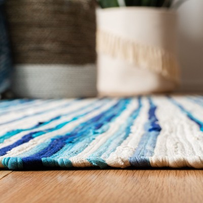 Ivory & Blue Striped Hand-Woven Cotton Area Rug - 3' x 5'