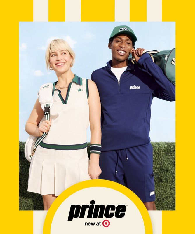 a man and a woman wearing pickleball clothing and holding bags from the Prince New at Target collection.