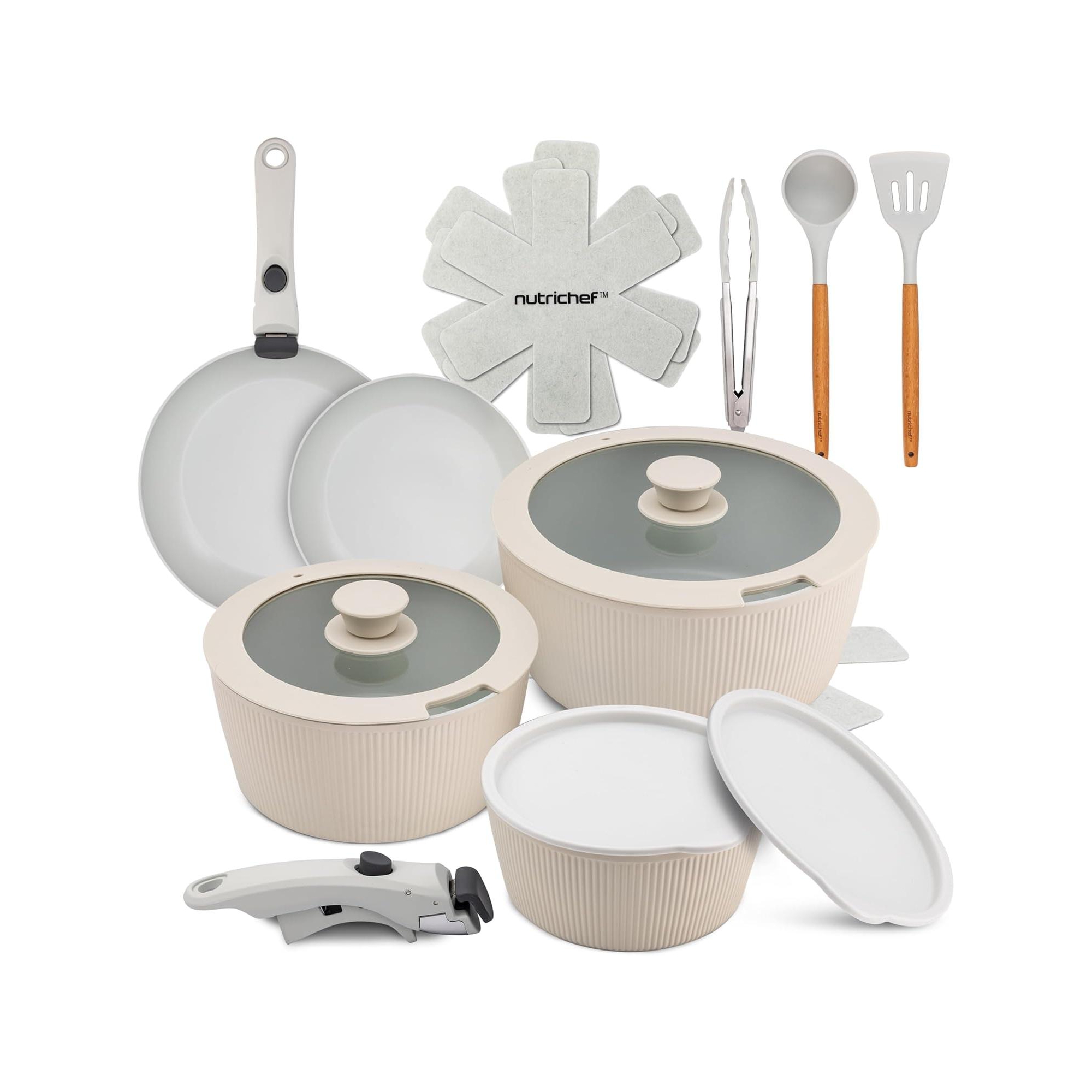 NutriChef 18-Piece Stylish Kitchen Cookware Set - Ceramic Nonstick Pots & Pans with Detachable Handles (Cream)