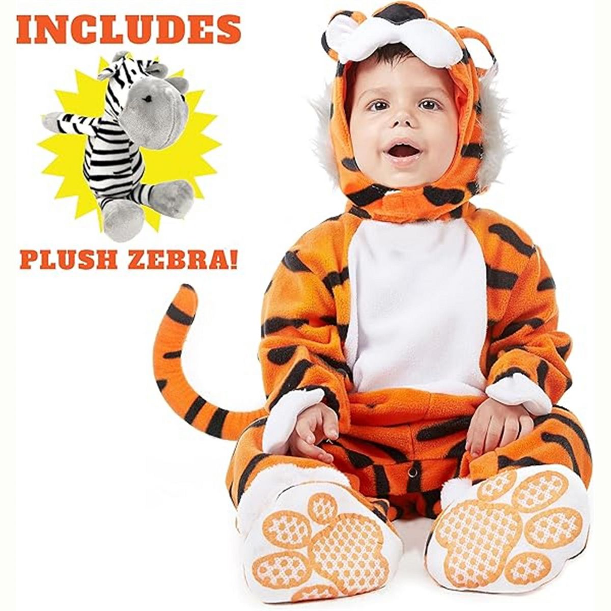 Joyfy Baby Halloween Costume Tiger Jumpsuit with Tail, Toddler One Piece Animal Suit with Hat for Halloween Dress Up Party - thumbnail 4
