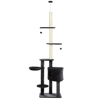 VisioGear 96In Adjustable Height Floor-To-Ceiling Cat Tree with Carpet Platforms, Condo & Rope Scratching Areas, Dark Grey, 21.5"*17.75"*96.5"