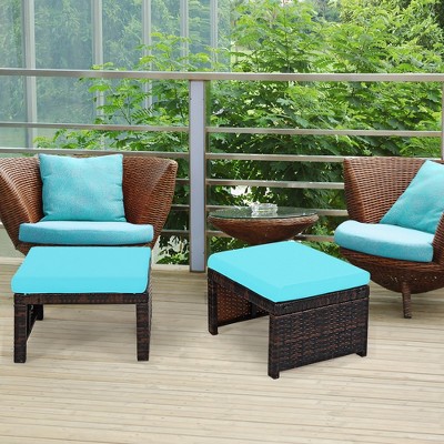 Turquoise Cushioned Rattan Patio Ottoman Set with Steel Frame