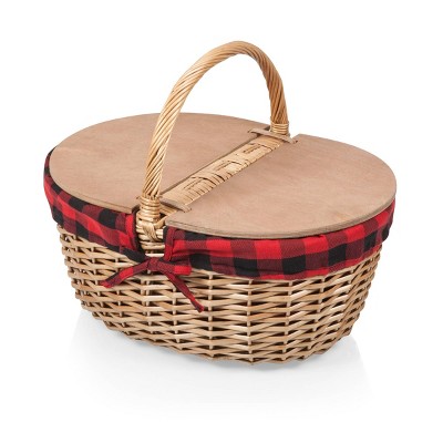 Picnic Time Country Picnic Basket with Red and Black Buffalo Plaid Pattern