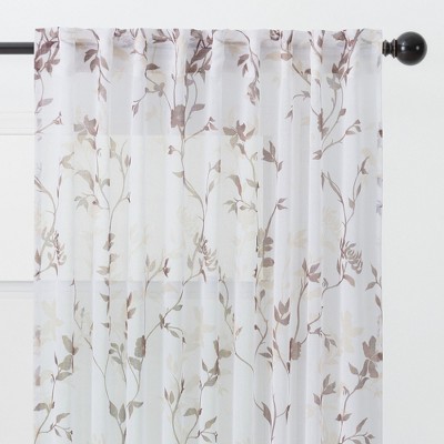 Brown Floral Sheer Polyester Window Curtain Panels, 52 x 108 Inches