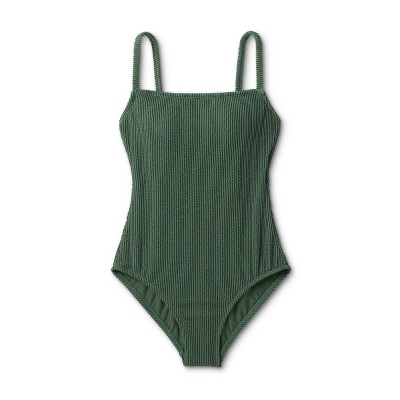 One-Shoulder Buckle Detail Textured Swimsuit Green