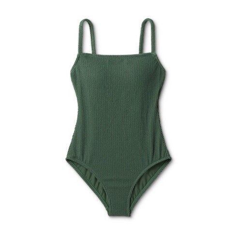 Women's Pucker Textured Square Neck High Coverage One Piece Swimsuit - Kona  Sol™ Dark Green XL