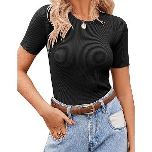 Zeagoo Women's T Shirt Short Sleeve Blouse Cute Tops Crewneck Woek Tee Summer Outfit Ribbed Trendy Shirts - 1 of 3