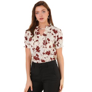 Allegra K Women's Ruffle Tie V-Neck Casual Smocked Short Sleeve Floral Top - 1 of 4