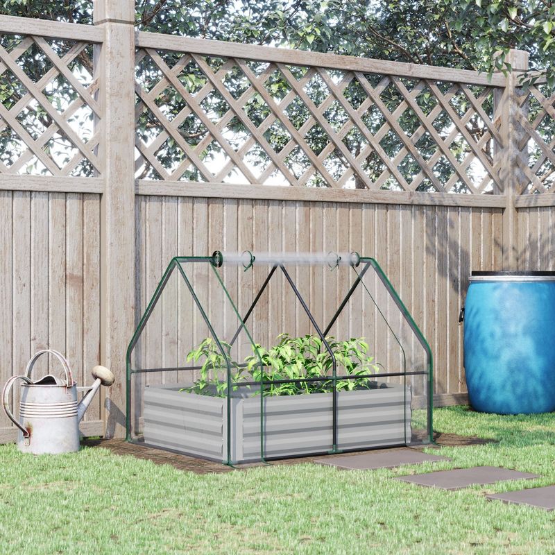 Outsunny Raised Garden Bed with Mini Greenhouse, Steel Outdoor Planter Box with Plastic Cover, Roll Up Window, Dual Use, 50"x 37.5"x 36.25", Clear, 3 of 8