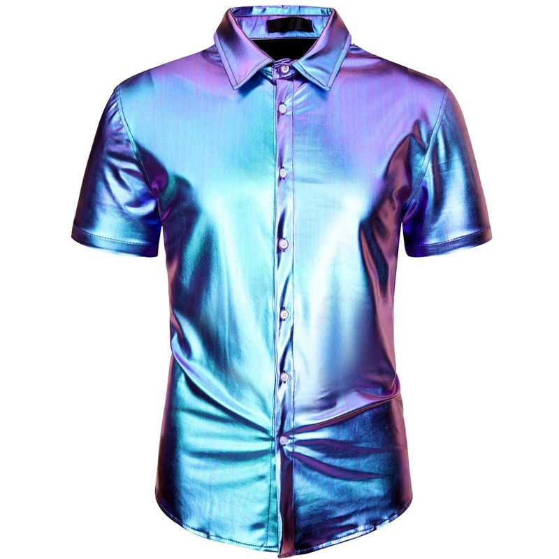 Lars Amadeus Men's Button Down Short Sleeves Shiny Metallic Holographic Shirt, 1 of 6