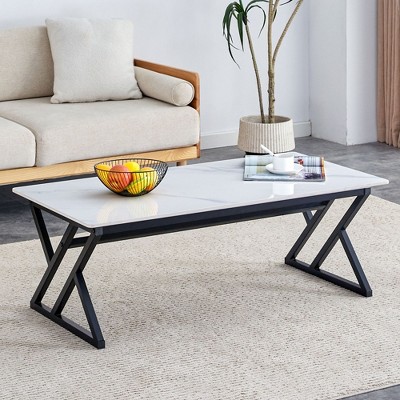 CAVINAS Coffee Table with Slate Top, Rectangular Living Room Furniture, Modern Metal Coffee Table for Living Room, Bedroom