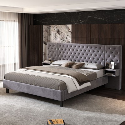NicBex Queen/King Upholstered Bed Frame with Velvet Diamond Tufted Headboard,Platform Bed Frame with 2 Nightstands,No Box Spring Needed,Easy Assembly