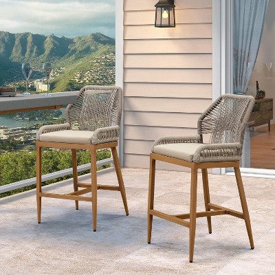 PURPLE LEAF Outdoor Counter Stools and Chairs (Set of 4) Rattan Barstools with Backrest and Footrest for Garden Pool, Includes Cushions