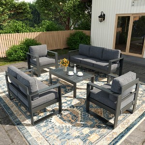 LayinSun 5 Pieces Aluminum Outdoor Patio Furniture Set, Metal Modern Conversation Sofa Set with Coffee Table and Washable Thick Cushions - 1 of 4