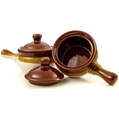 Rustic Brown and Cream Ceramic Soup Crocks with Lids, 15 oz, Set of 4