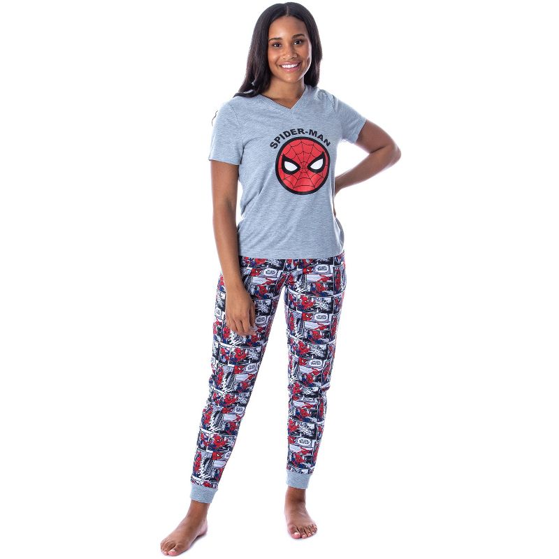 Marvel Womens' Spider-Man Comic Book 2 Piece Jogger Pajama Set Grey, 1 of 5