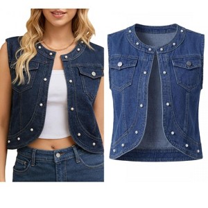 INSPIRE CHIC Women's Cropped Denim Cardigan Sleeveless Decor Pearl